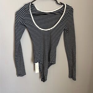 Commense Black & White Striped Scoop Neck Bodysuit